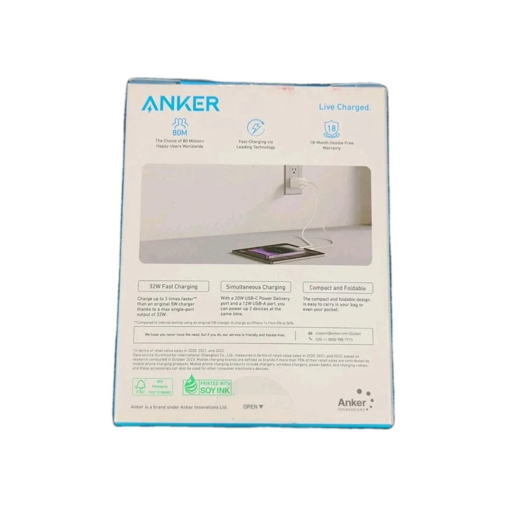 Pp6O Anker 2-Port (1-C, 1-A) 32W Wall Charger w/ Cable‎ for Apple White OPEN BOX